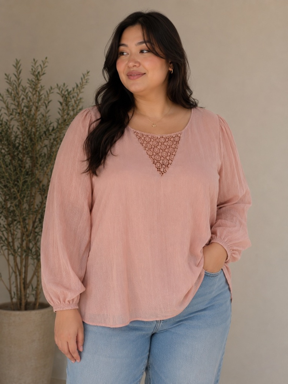 Silk Blush Lace-Inset Long Sleeve Blouse Size Large